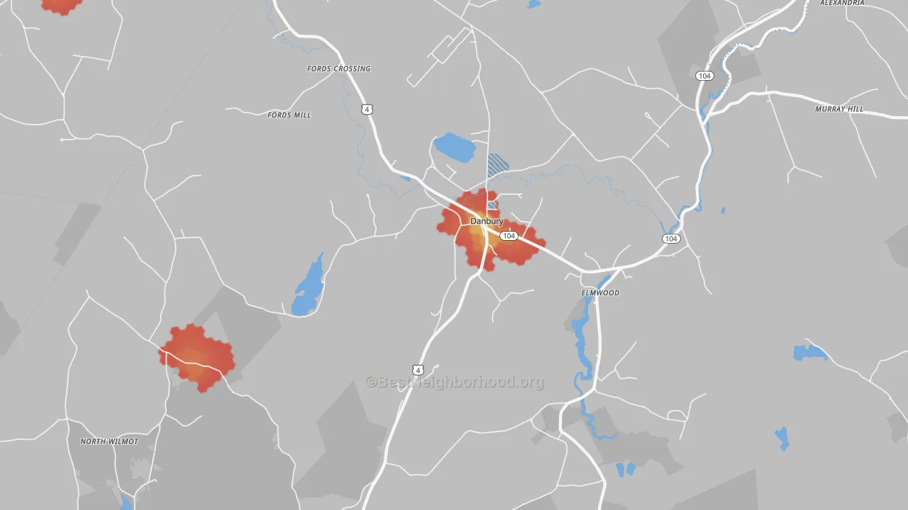 Walk Grade map of 03230, NH, walkable areas in green and car-dependent areas in red