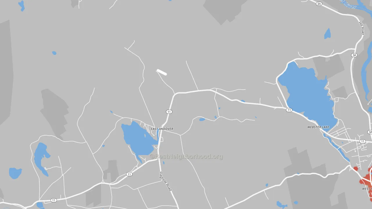 Walk Grade map of 03231, NH, walkable areas in green and car-dependent areas in red