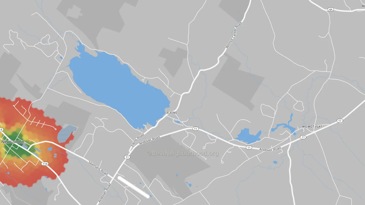 Walk Grade map of 03233, NH, walkable areas in green and car-dependent areas in red