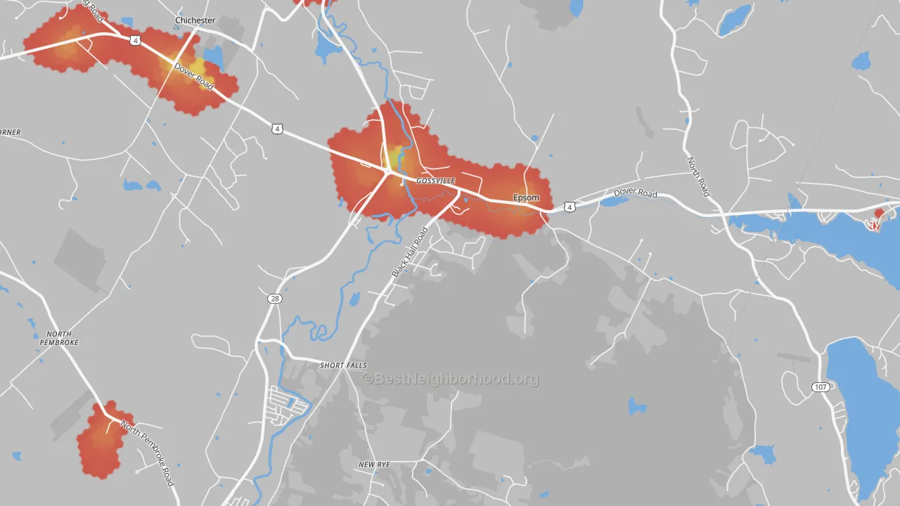 Walk Grade map of 03234, NH, walkable areas in green and car-dependent areas in red