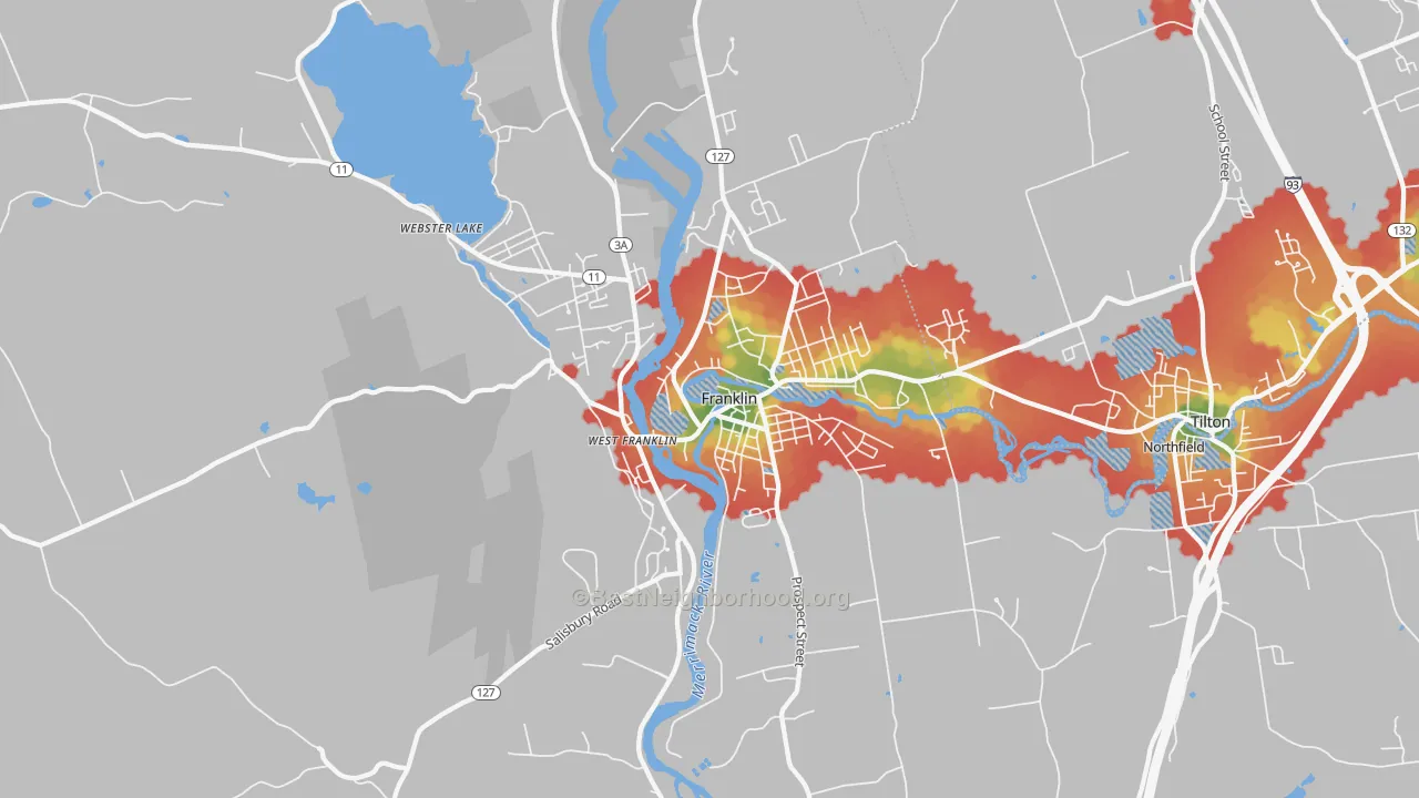 Walk Grade map of 03235, NH, walkable areas in green and car-dependent areas in red