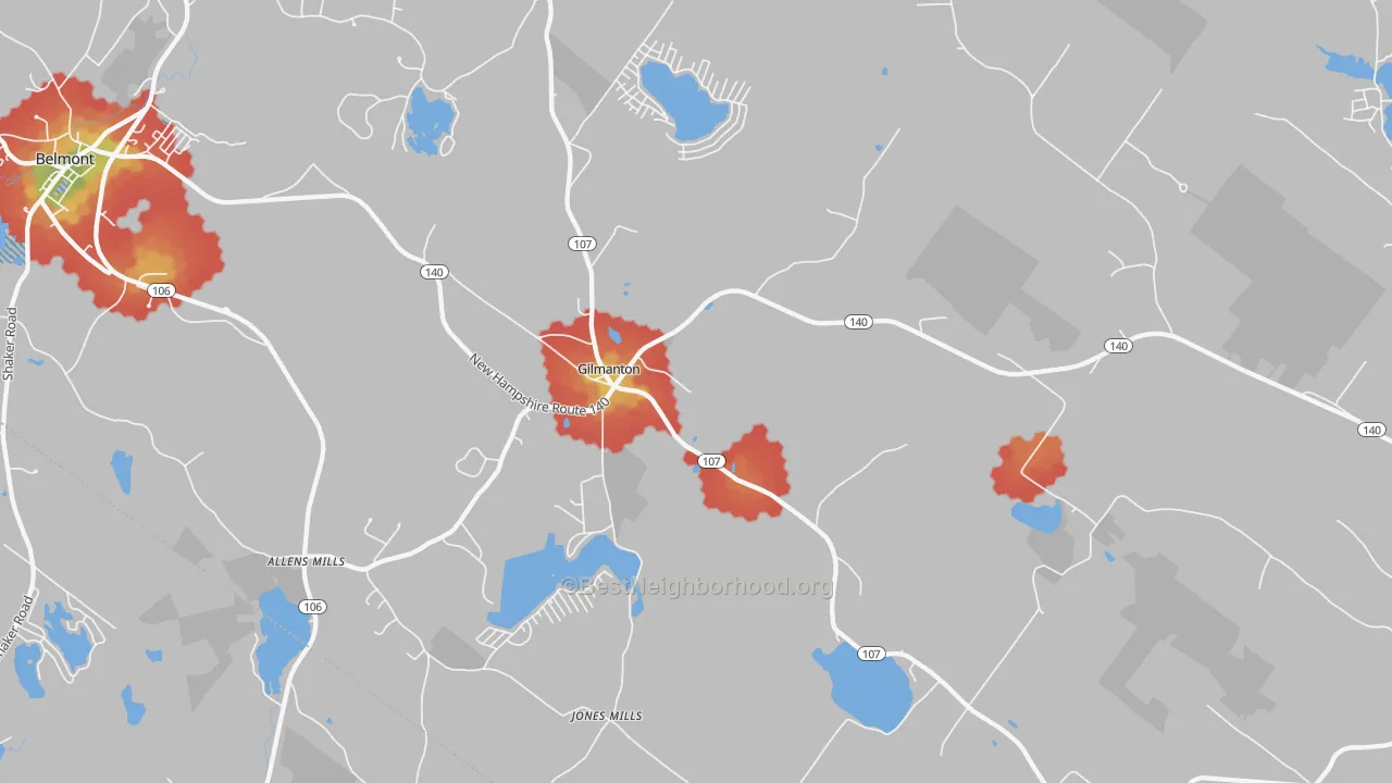 Walk Grade map of 03237, NH, walkable areas in green and car-dependent areas in red