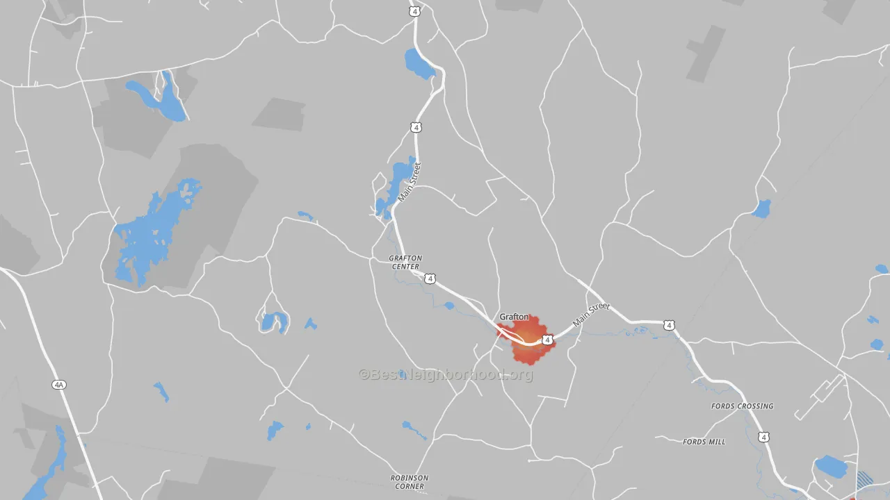 Walk Grade map of 03240, NH, walkable areas in green and car-dependent areas in red