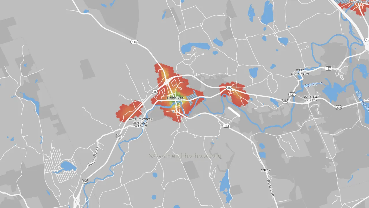 Walk Grade map of 03242, NH, walkable areas in green and car-dependent areas in red