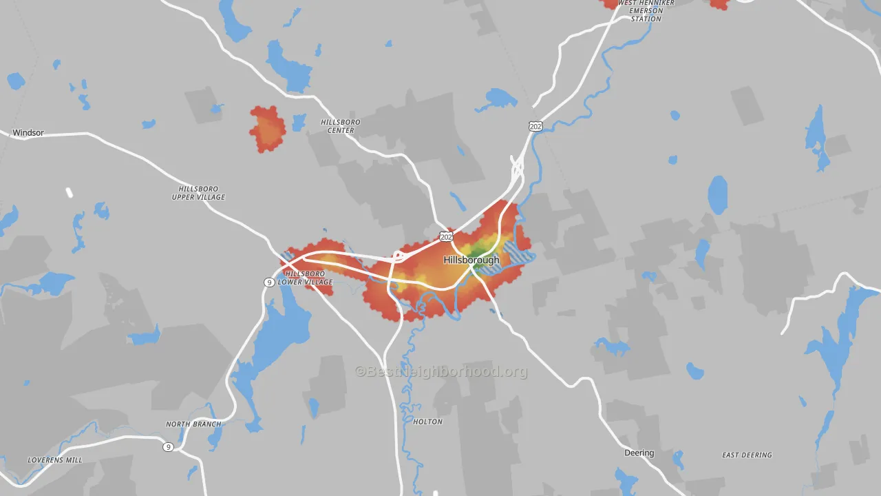 Walk Grade map of 03244, NH, walkable areas in green and car-dependent areas in red