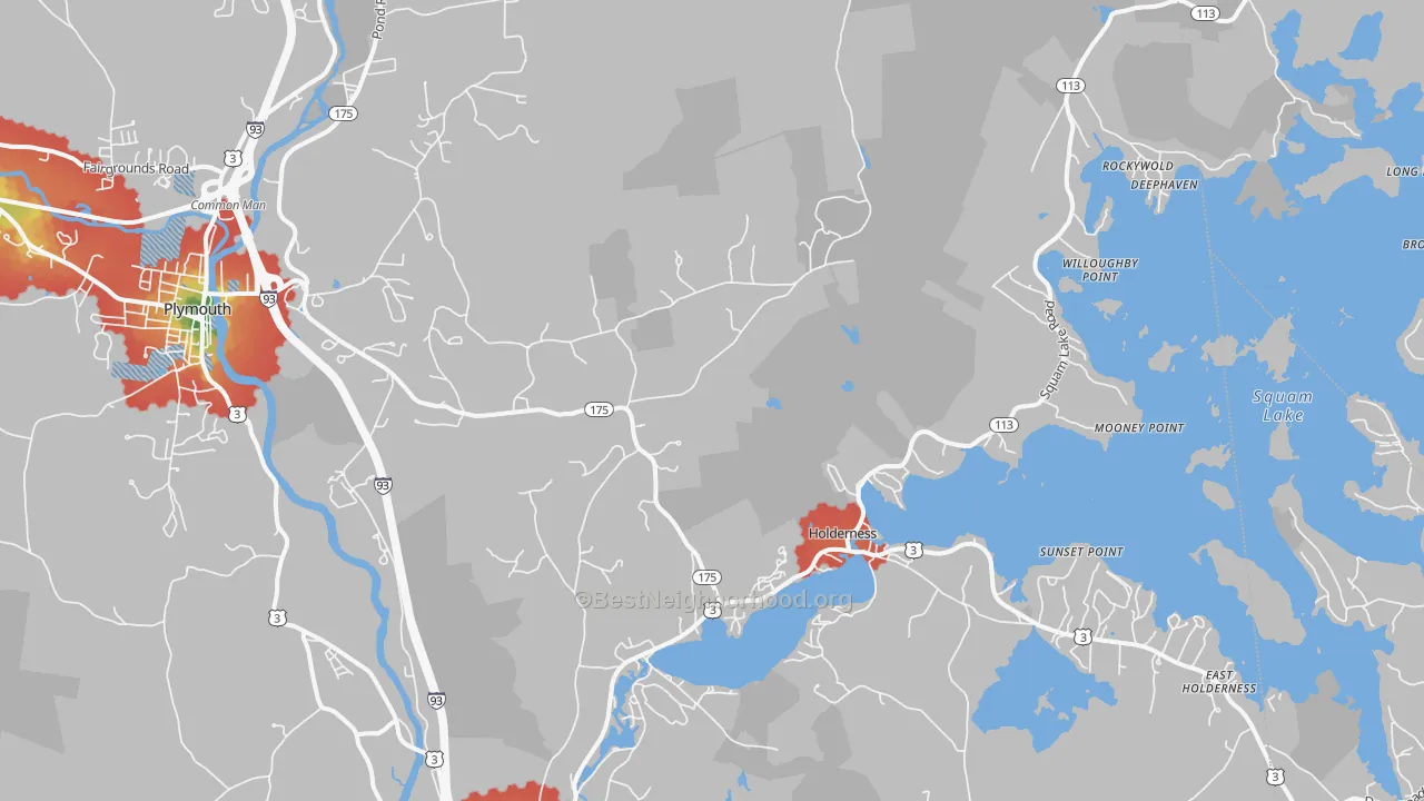 Walk Grade map of 03245, NH, walkable areas in green and car-dependent areas in red
