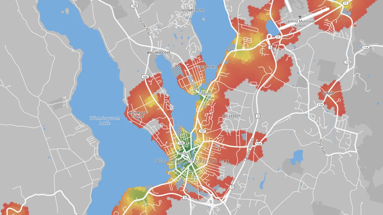 Walk Grade map of 03246, NH, walkable areas in green and car-dependent areas in red