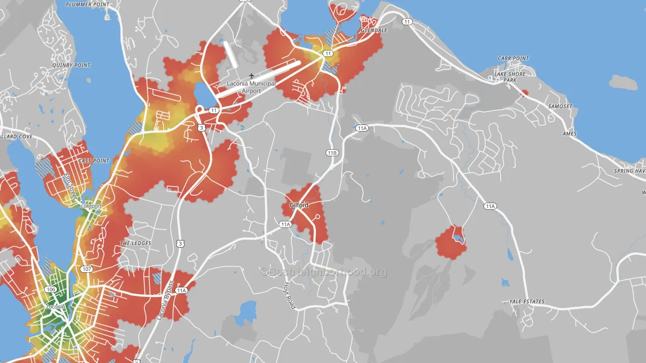 Walk Grade map of 03249, NH, walkable areas in green and car-dependent areas in red