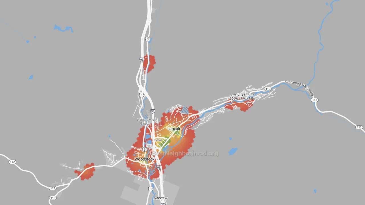 Walk Grade map of 03251, NH, walkable areas in green and car-dependent areas in red