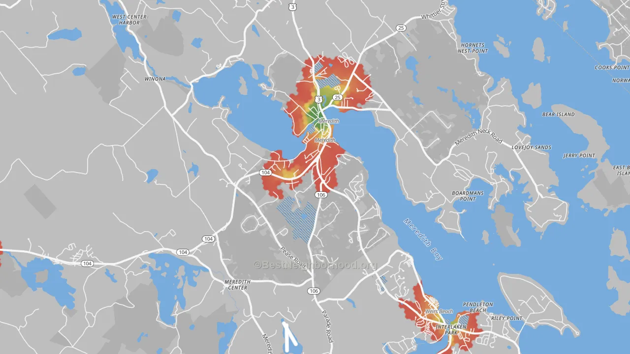 Walk Grade map of 03253, NH, walkable areas in green and car-dependent areas in red