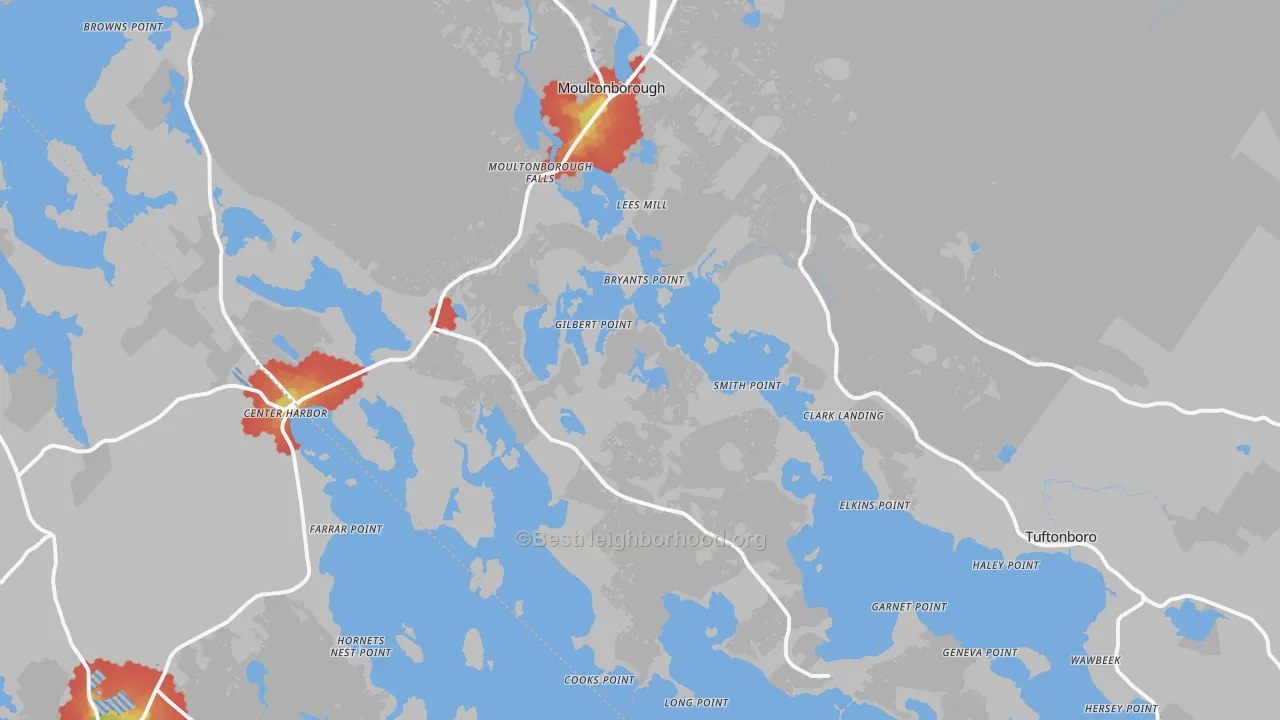 Walk Grade map of 03254, NH, walkable areas in green and car-dependent areas in red