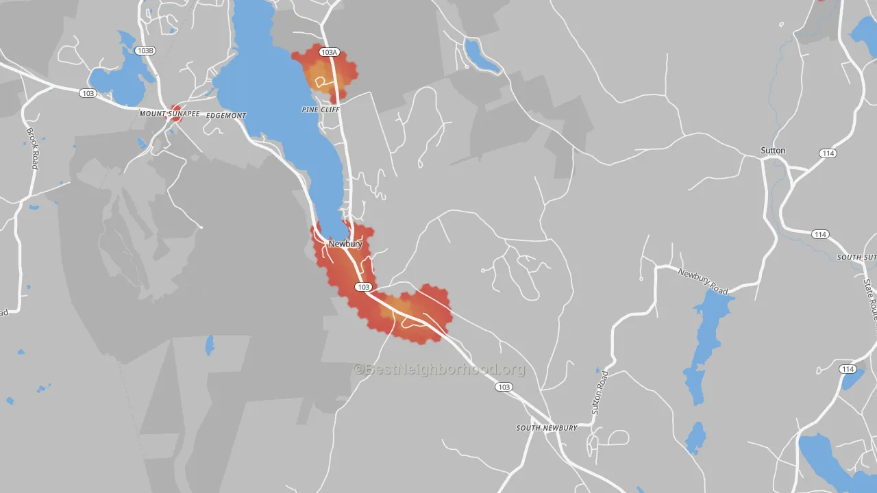 Walk Grade map of 03255, NH, walkable areas in green and car-dependent areas in red