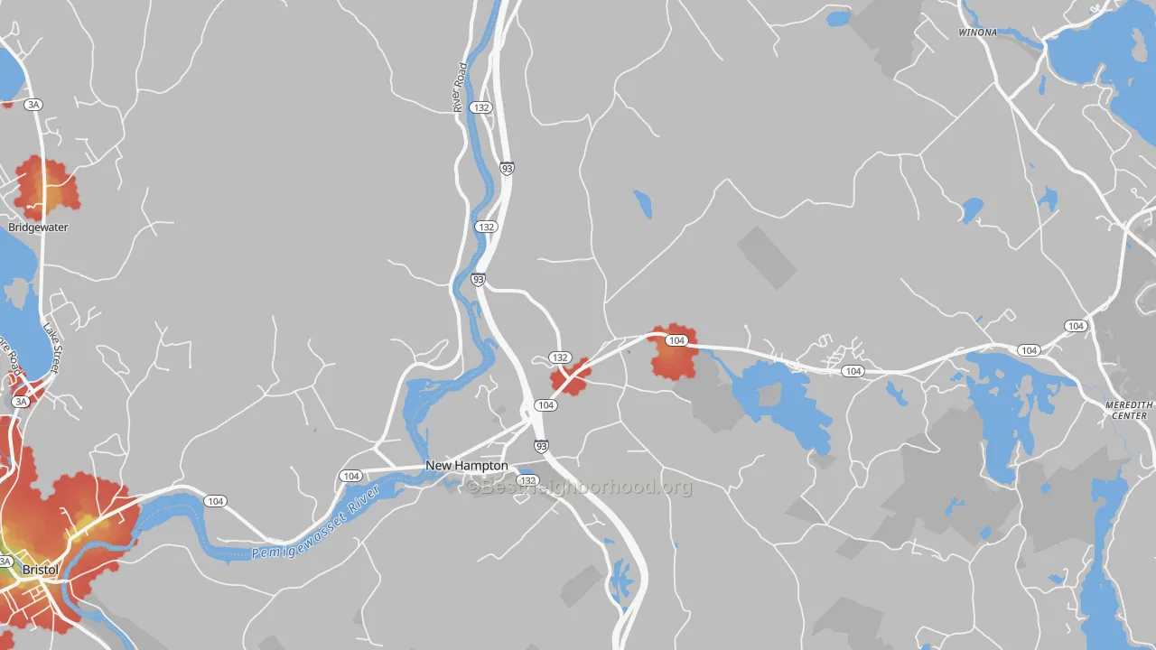 Walk Grade map of 03256, NH, walkable areas in green and car-dependent areas in red