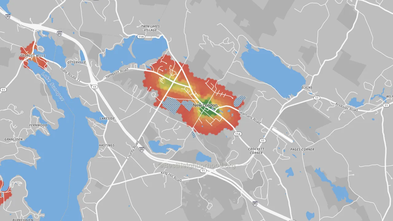 Walk Grade map of 03257, NH, walkable areas in green and car-dependent areas in red