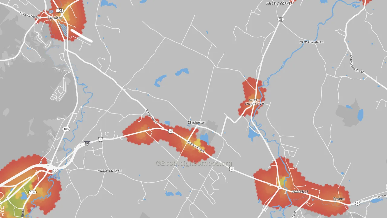 Walk Grade map of 03258, NH, walkable areas in green and car-dependent areas in red