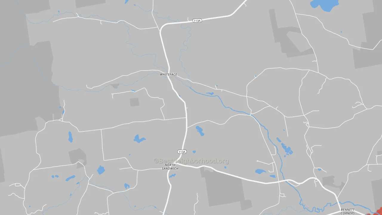 Walk Grade map of 03259, NH, walkable areas in green and car-dependent areas in red