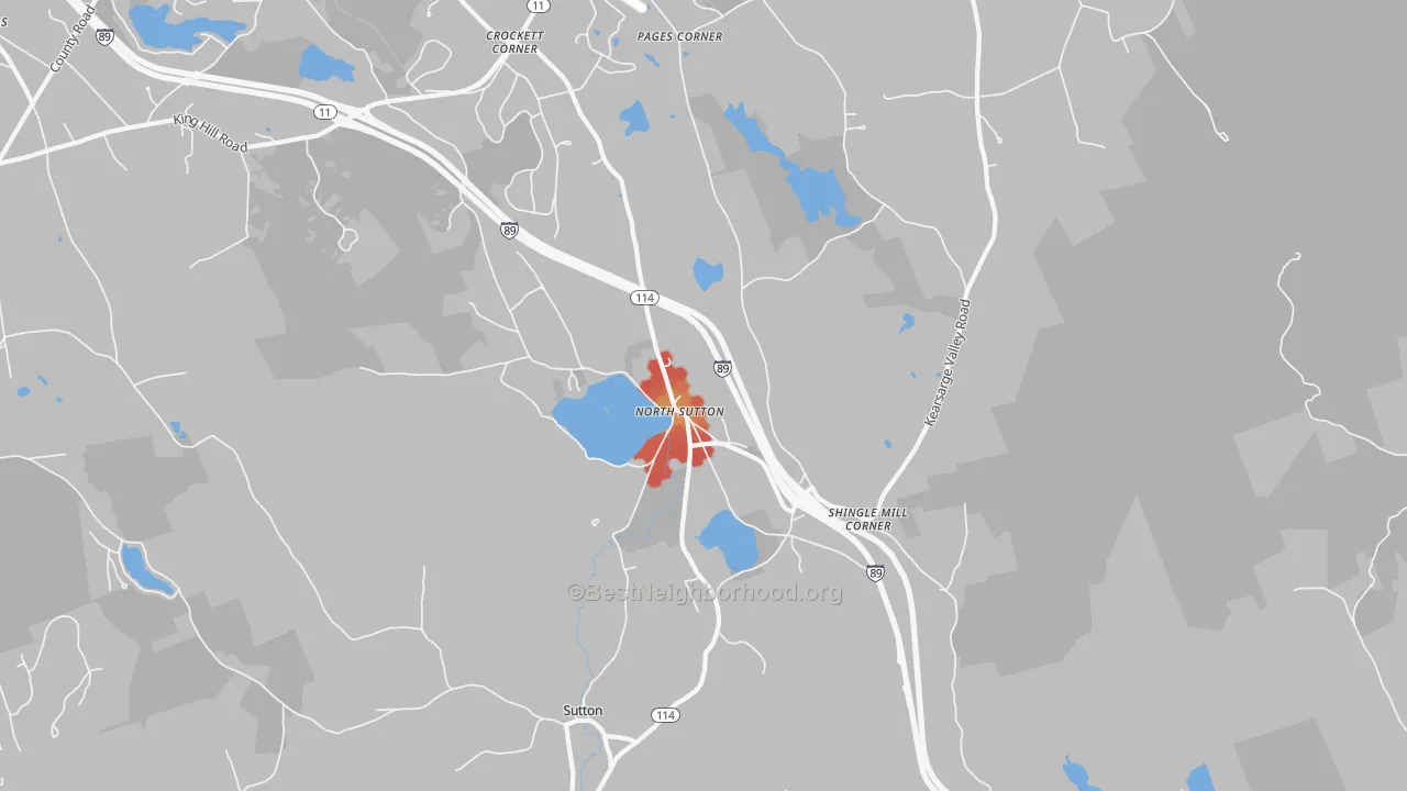Walk Grade map of 03260, NH, walkable areas in green and car-dependent areas in red