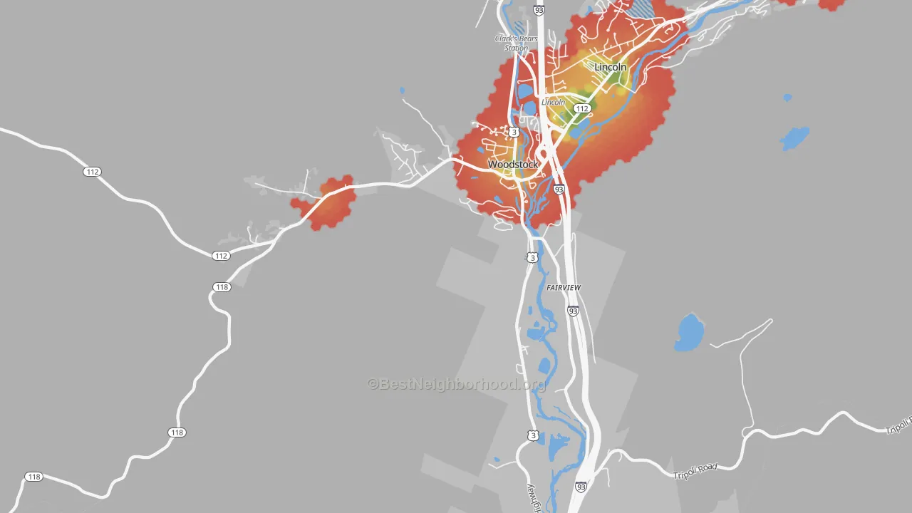 Walk Grade map of 03262, NH, walkable areas in green and car-dependent areas in red