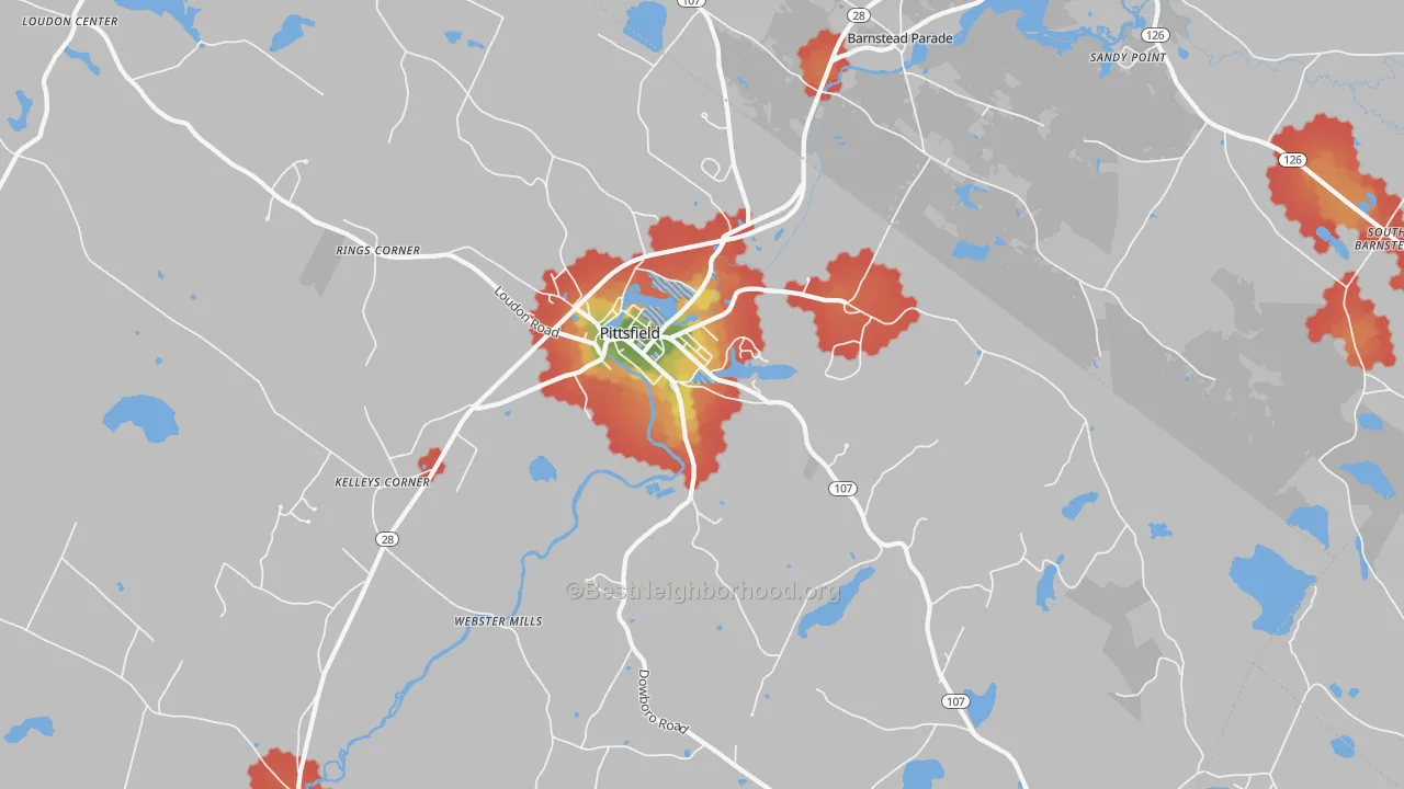 Walk Grade map of 03263, NH, walkable areas in green and car-dependent areas in red