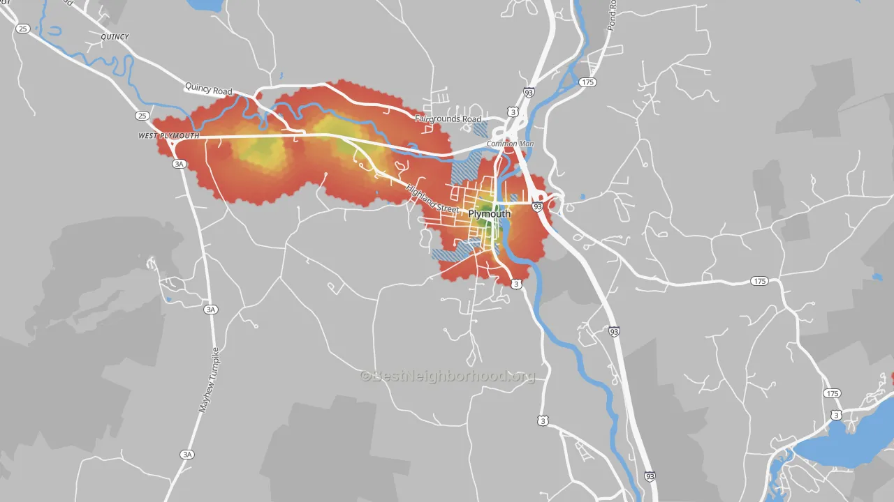 Walk Grade map of 03264, NH, walkable areas in green and car-dependent areas in red