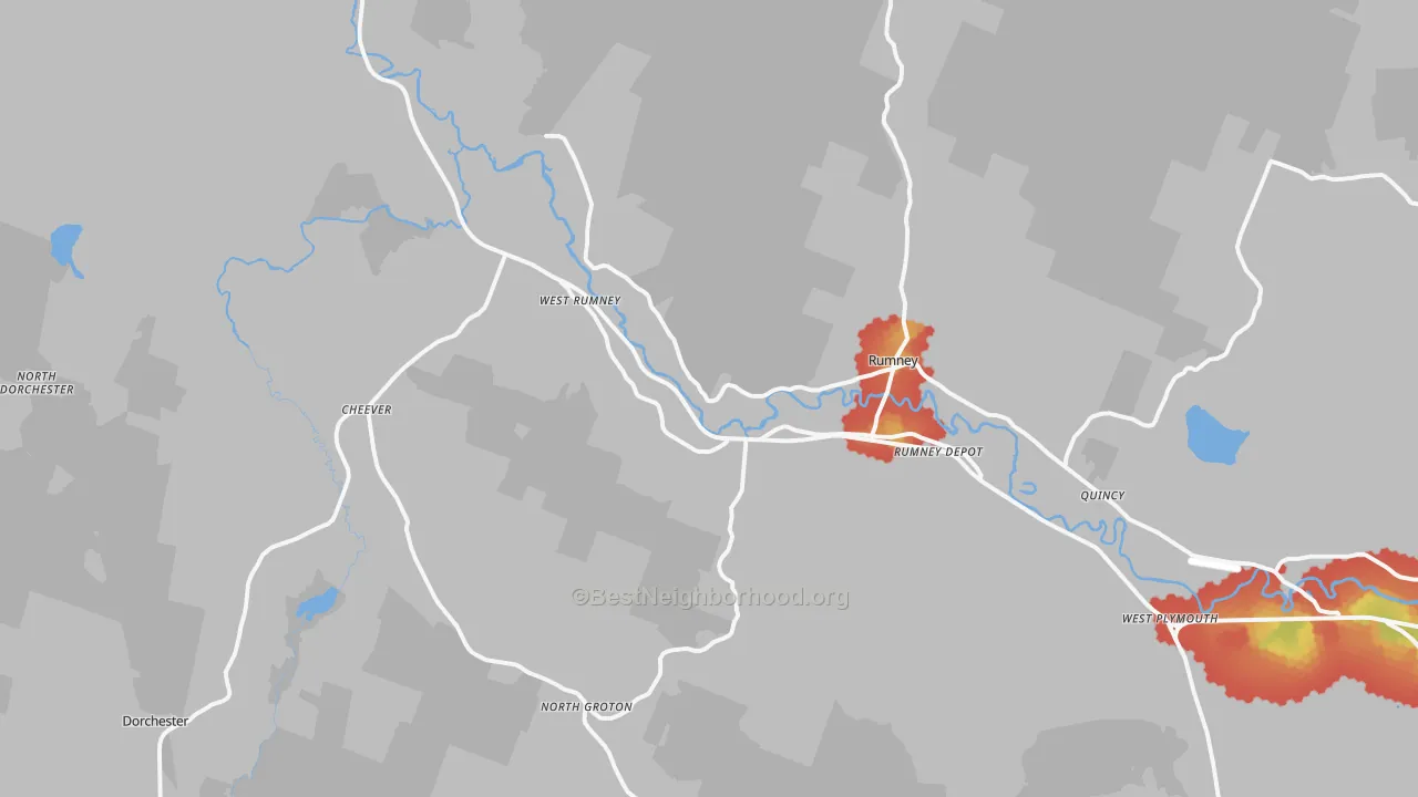 Walk Grade map of 03266, NH, walkable areas in green and car-dependent areas in red