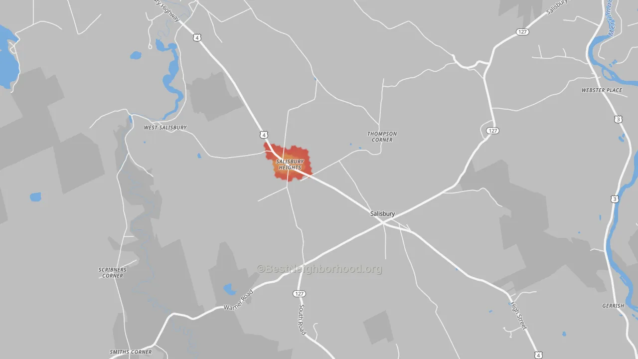 Walk Grade map of 03268, NH, walkable areas in green and car-dependent areas in red