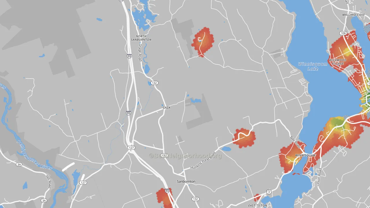 Walk Grade map of 03269, NH, walkable areas in green and car-dependent areas in red
