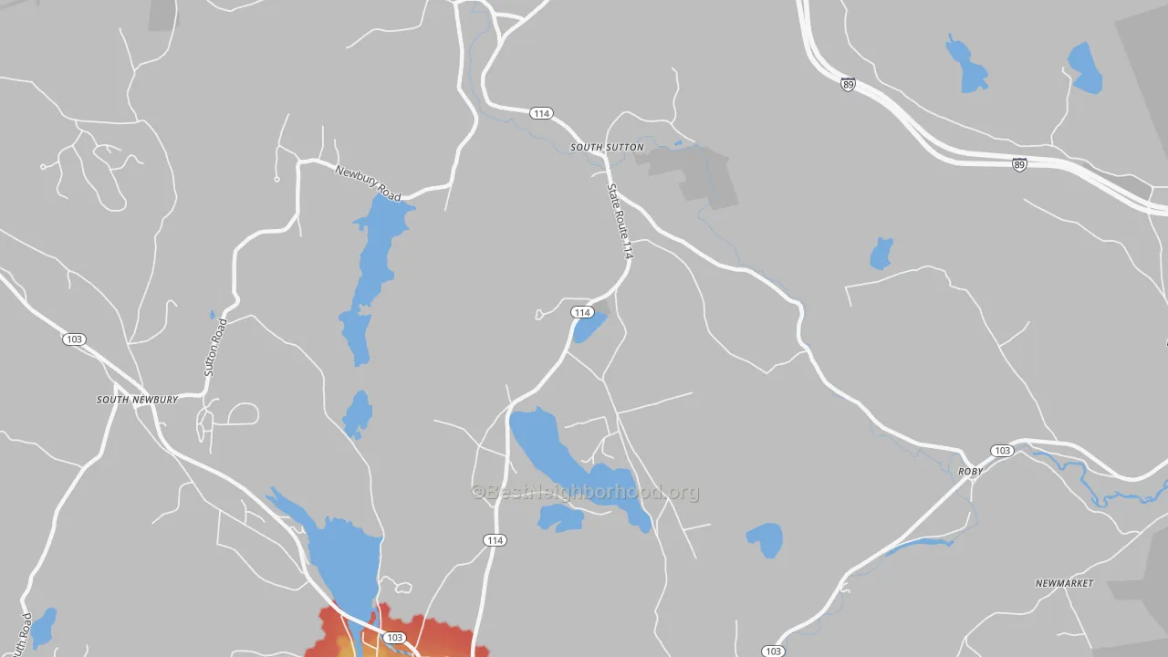 Walk Grade map of 03273, NH, walkable areas in green and car-dependent areas in red