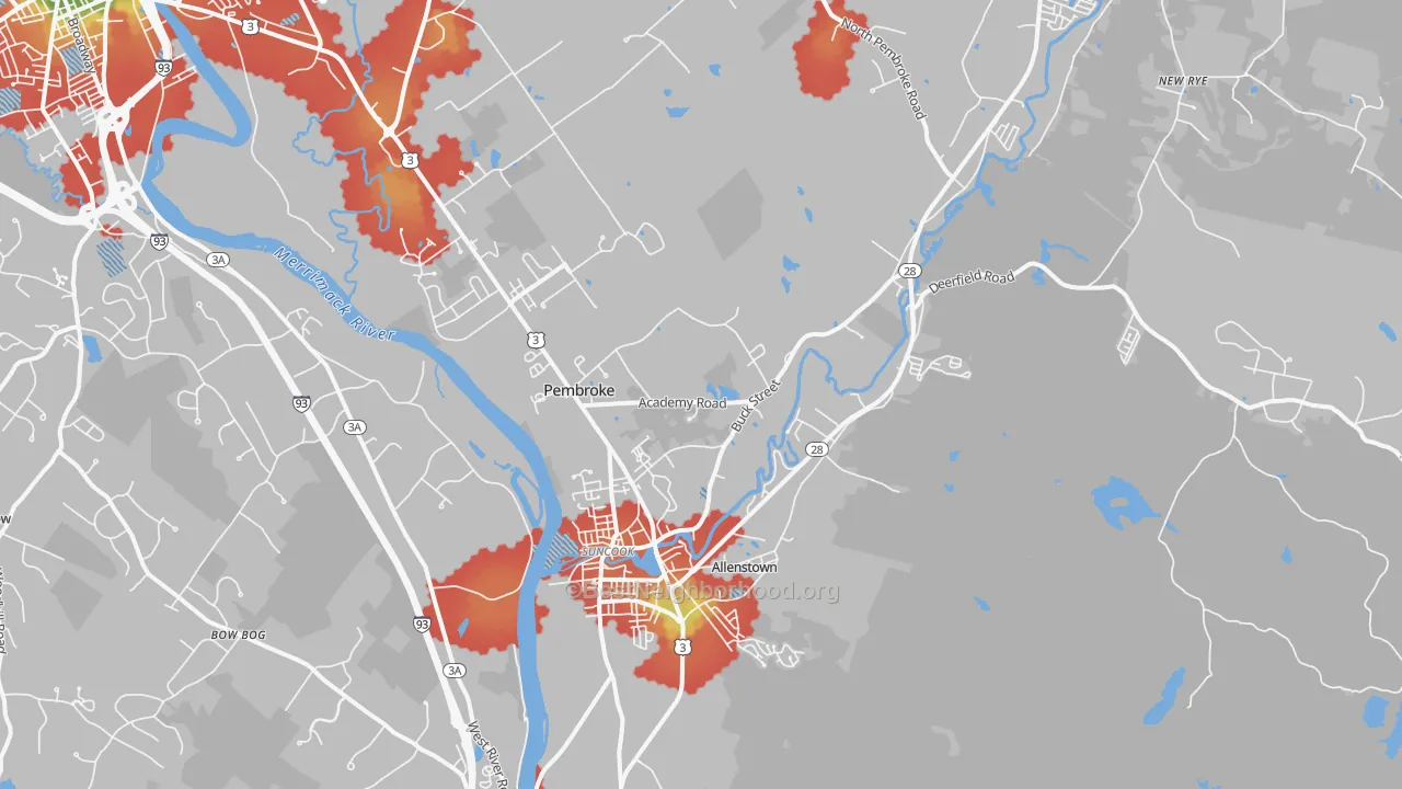 Walk Grade map of 03275, NH, walkable areas in green and car-dependent areas in red