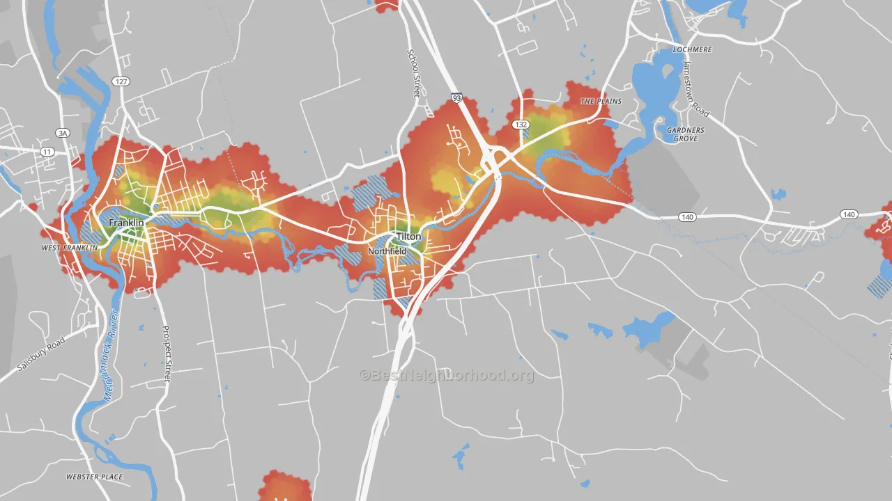 Walk Grade map of 03276, NH, walkable areas in green and car-dependent areas in red