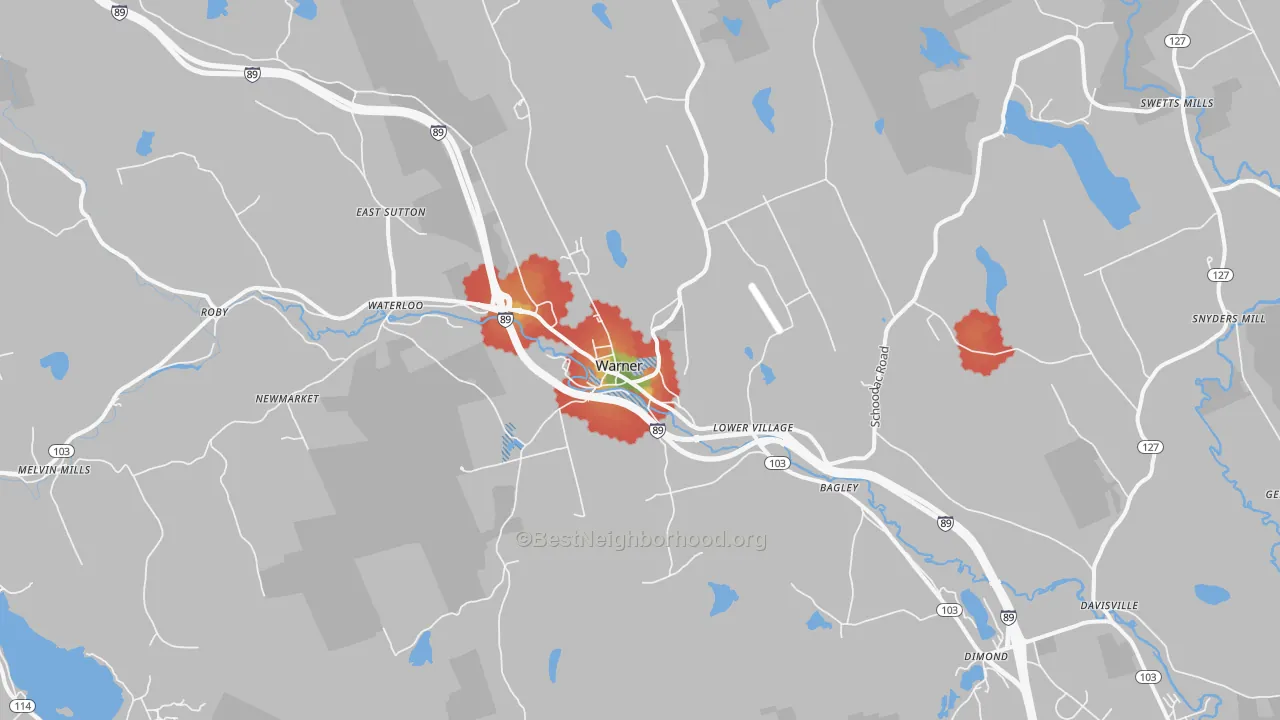 Walk Grade map of 03278, NH, walkable areas in green and car-dependent areas in red
