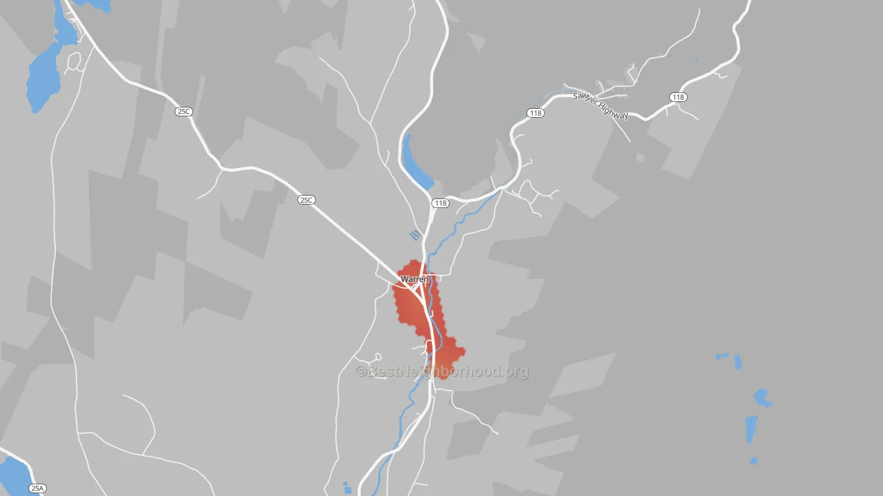 Walk Grade map of 03279, NH, walkable areas in green and car-dependent areas in red