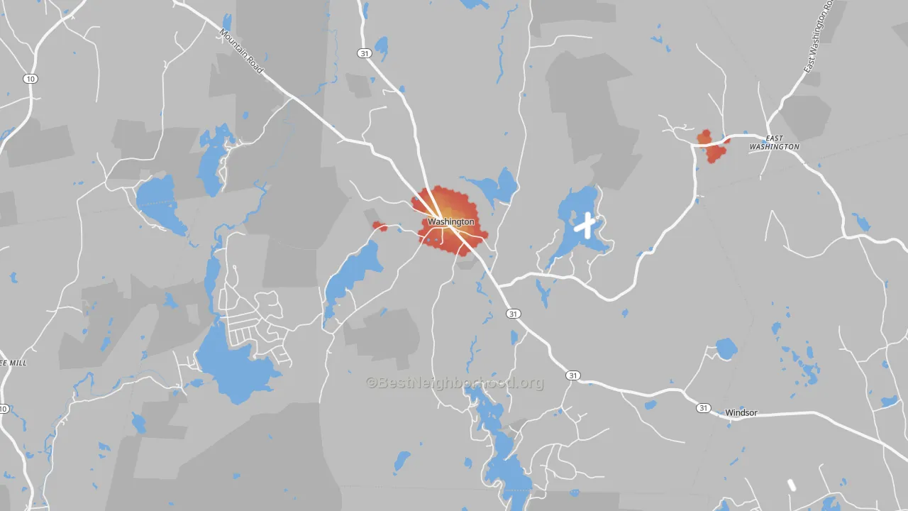 Walk Grade map of 03280, NH, walkable areas in green and car-dependent areas in red