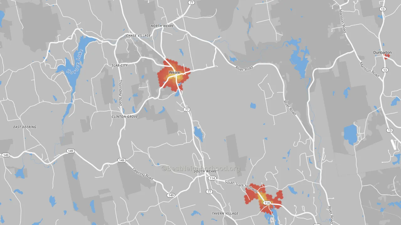 Walk Grade map of 03281, NH, walkable areas in green and car-dependent areas in red