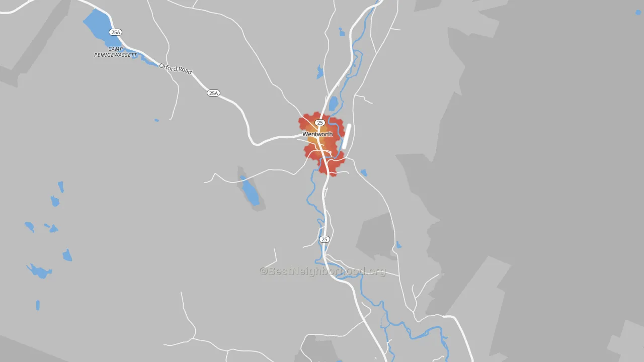 Walk Grade map of 03282, NH, walkable areas in green and car-dependent areas in red