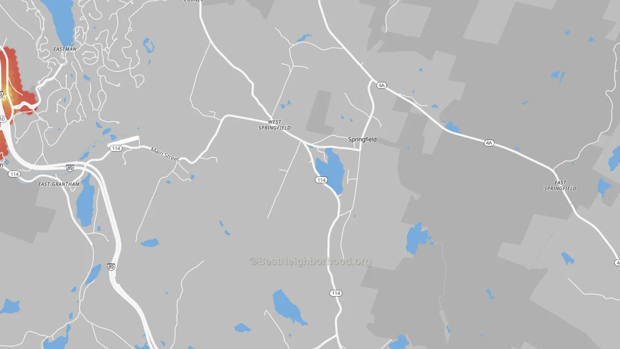 Walk Grade map of 03284, NH, walkable areas in green and car-dependent areas in red