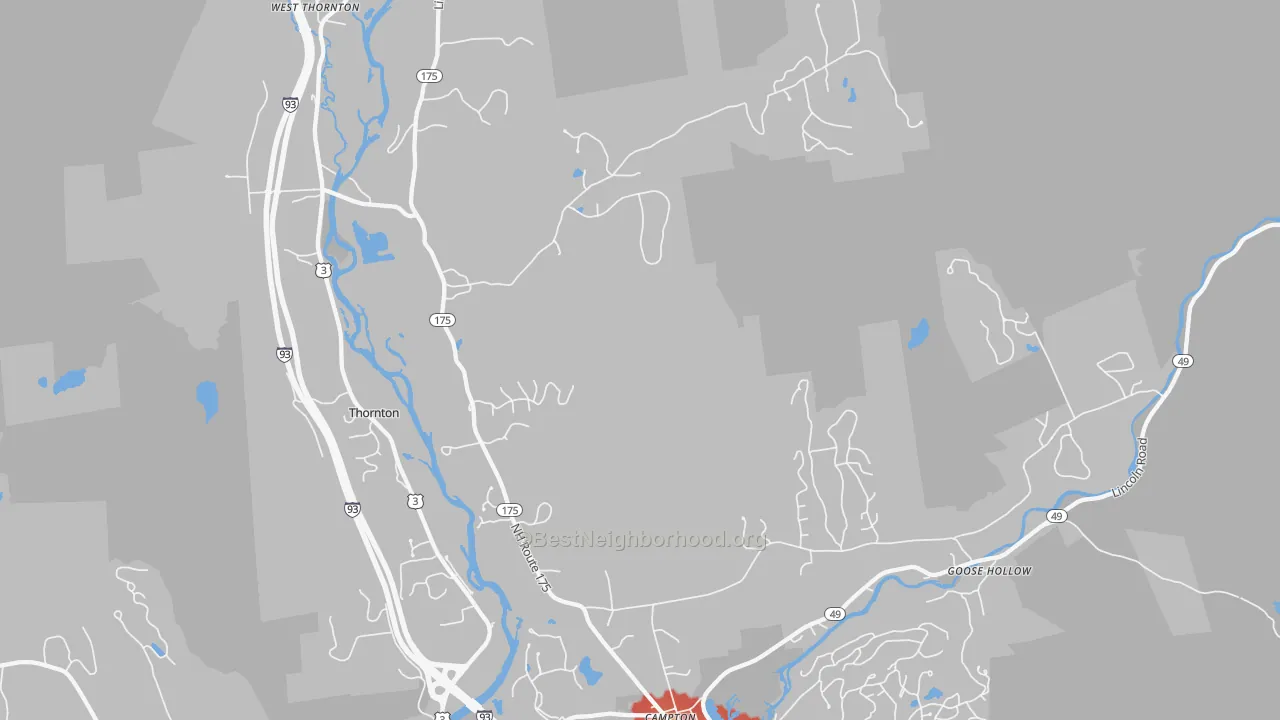Walk Grade map of 03285, NH, walkable areas in green and car-dependent areas in red