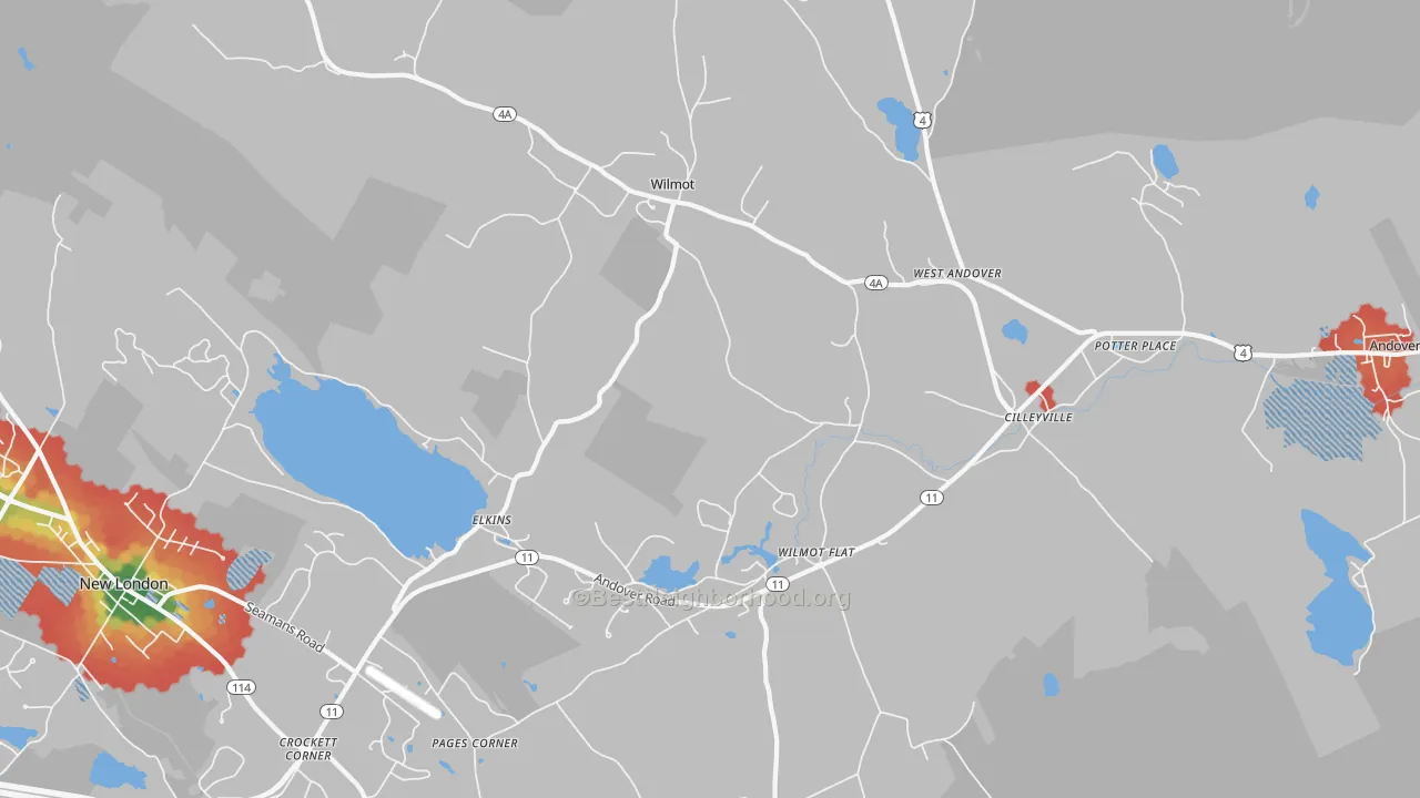 Walk Grade map of 03287, NH, walkable areas in green and car-dependent areas in red