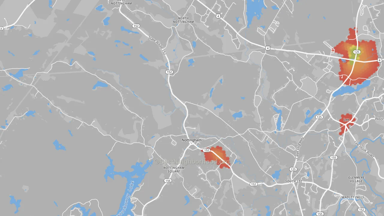 Walk Grade map of 03290, NH, walkable areas in green and car-dependent areas in red