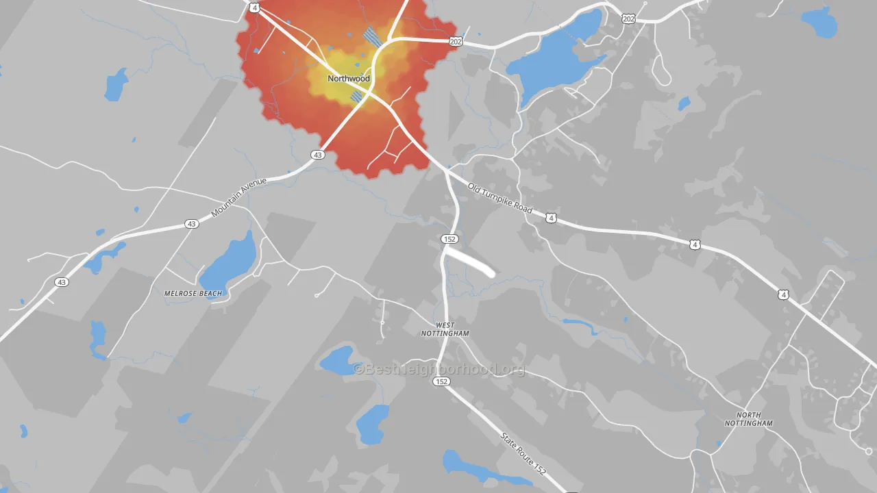 Walk Grade map of 03291, NH, walkable areas in green and car-dependent areas in red