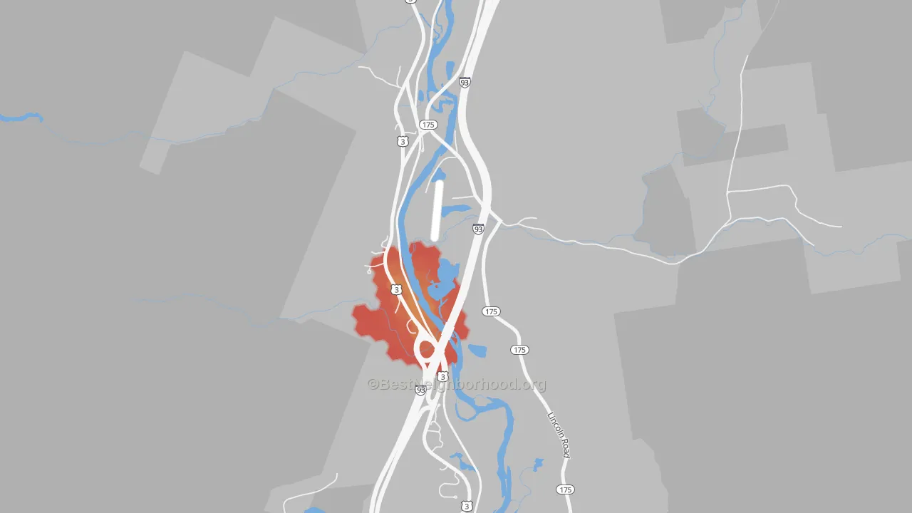 Walk Grade map of 03293, NH, walkable areas in green and car-dependent areas in red