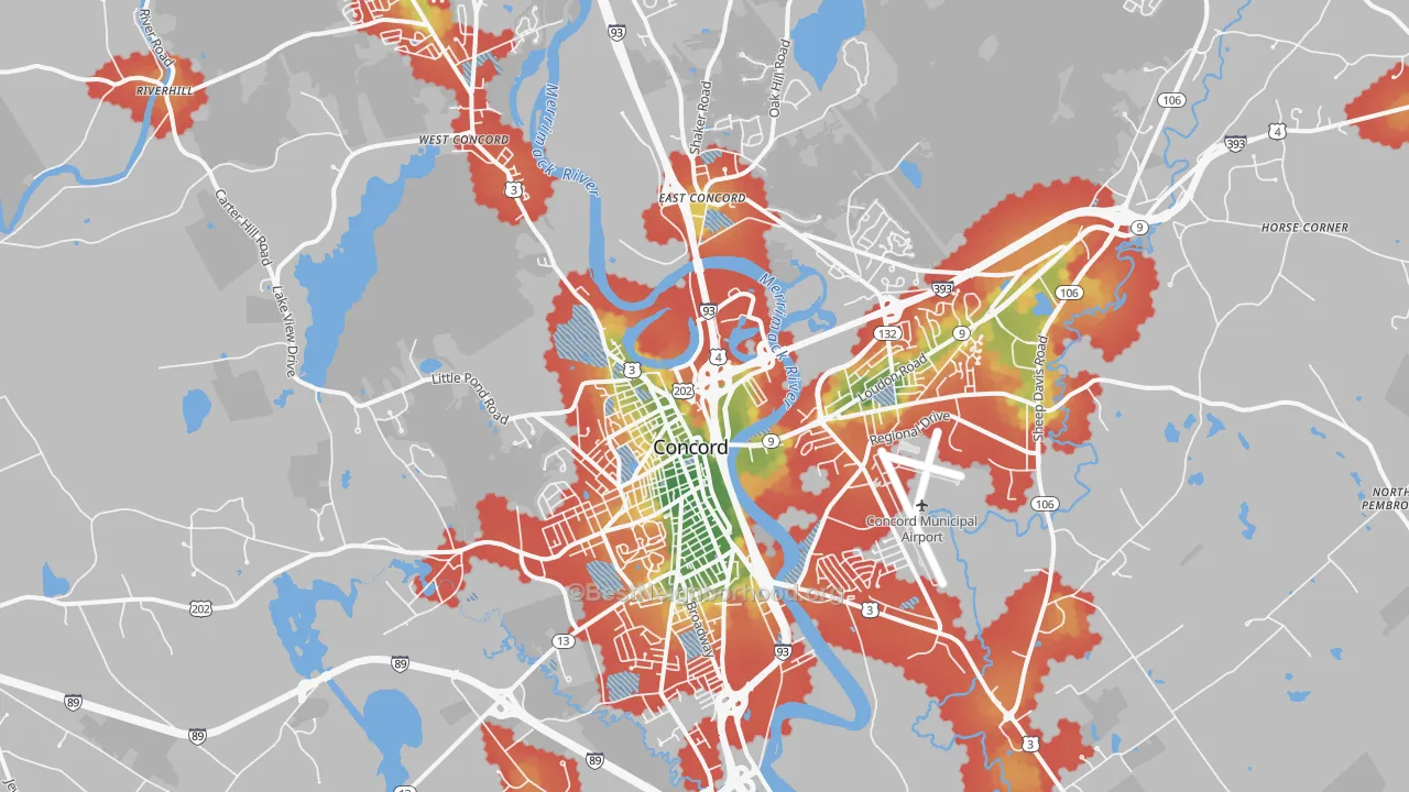Walk Grade map of 03301, NH, walkable areas in green and car-dependent areas in red