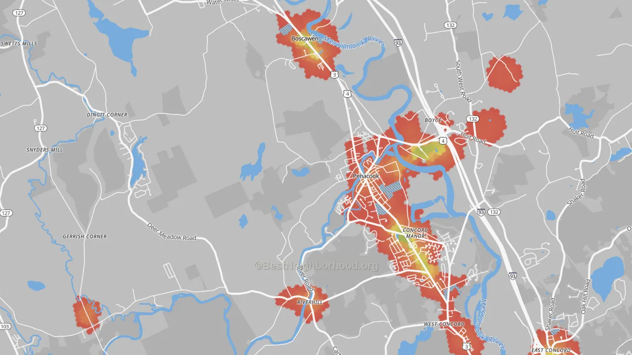 Walk Grade map of 03303, NH, walkable areas in green and car-dependent areas in red