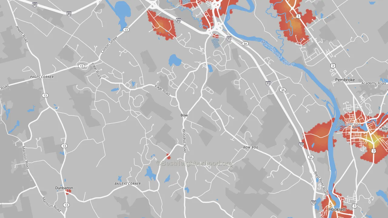 Walk Grade map of 03304, NH, walkable areas in green and car-dependent areas in red