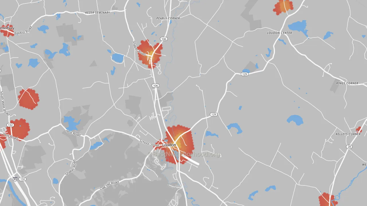 Walk Grade map of 03307, NH, walkable areas in green and car-dependent areas in red
