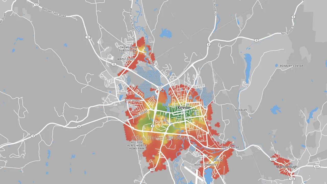 Walk Grade map of 03431, NH, walkable areas in green and car-dependent areas in red