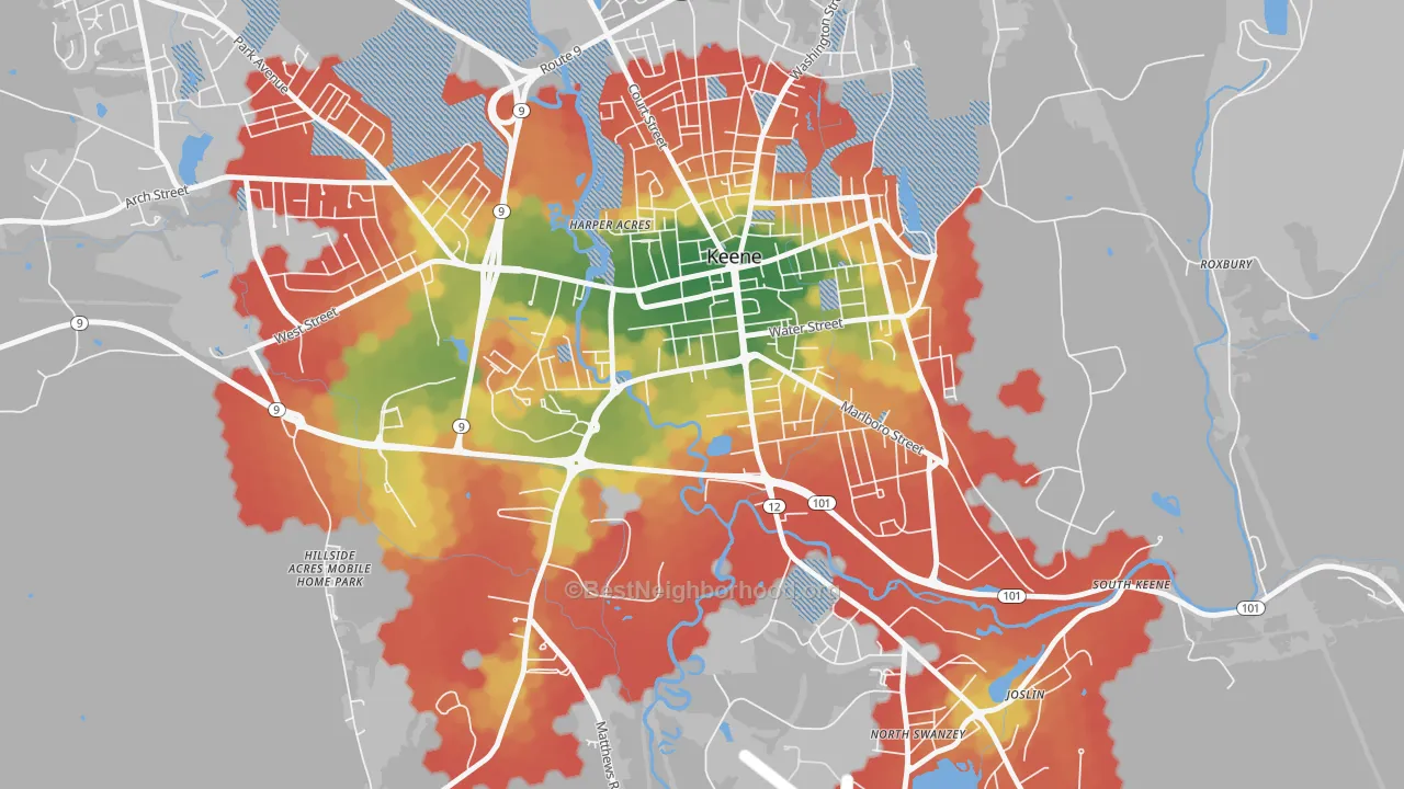 Walk Grade map of 03435, NH, walkable areas in green and car-dependent areas in red