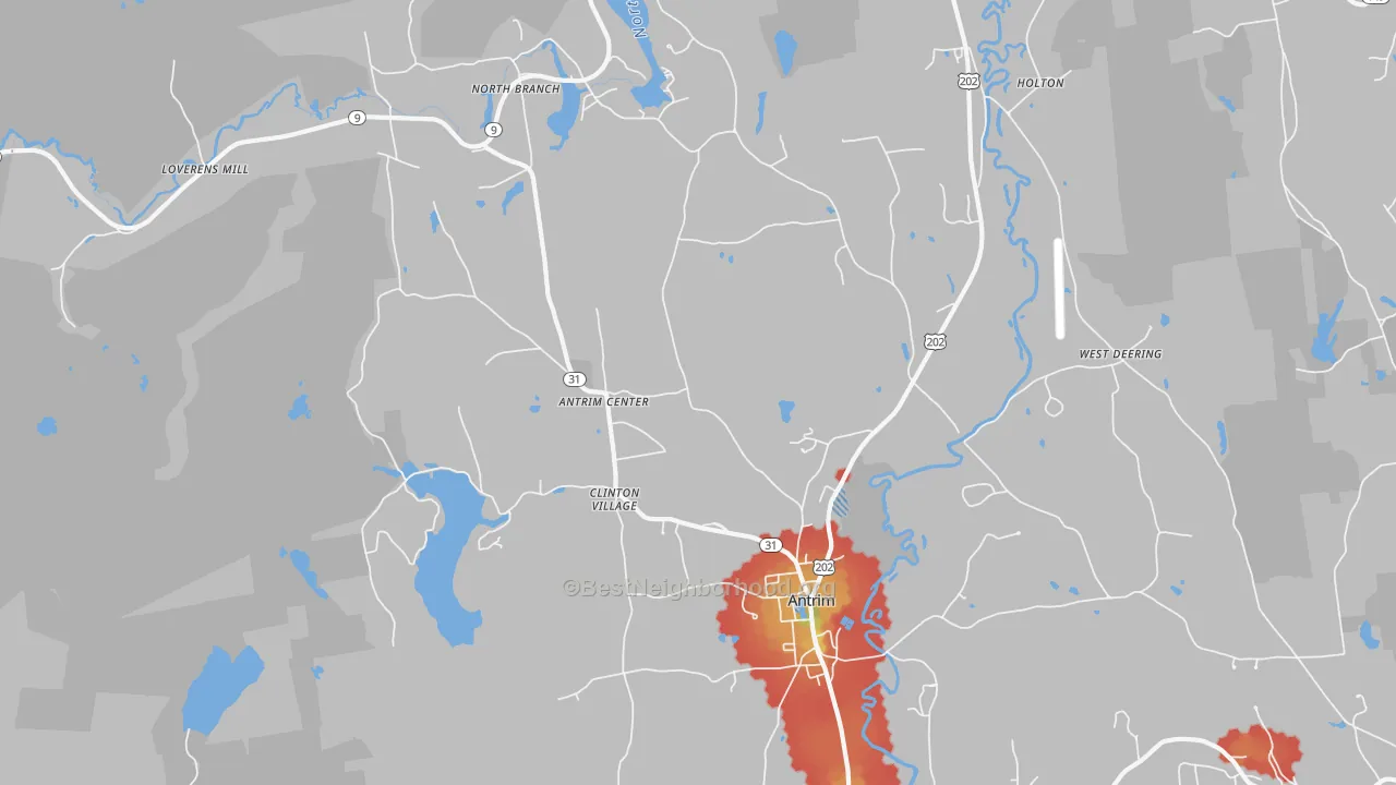 Walk Grade map of 03440, NH, walkable areas in green and car-dependent areas in red