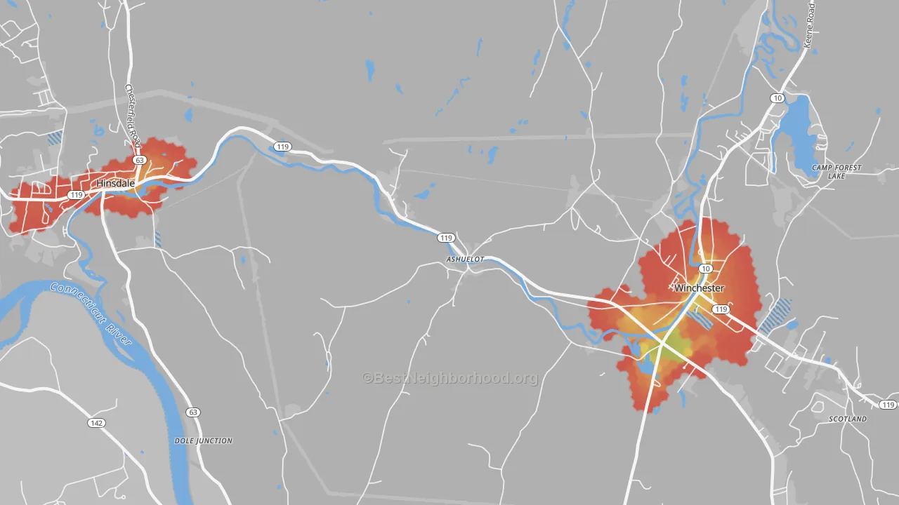 Walk Grade map of 03441, NH, walkable areas in green and car-dependent areas in red
