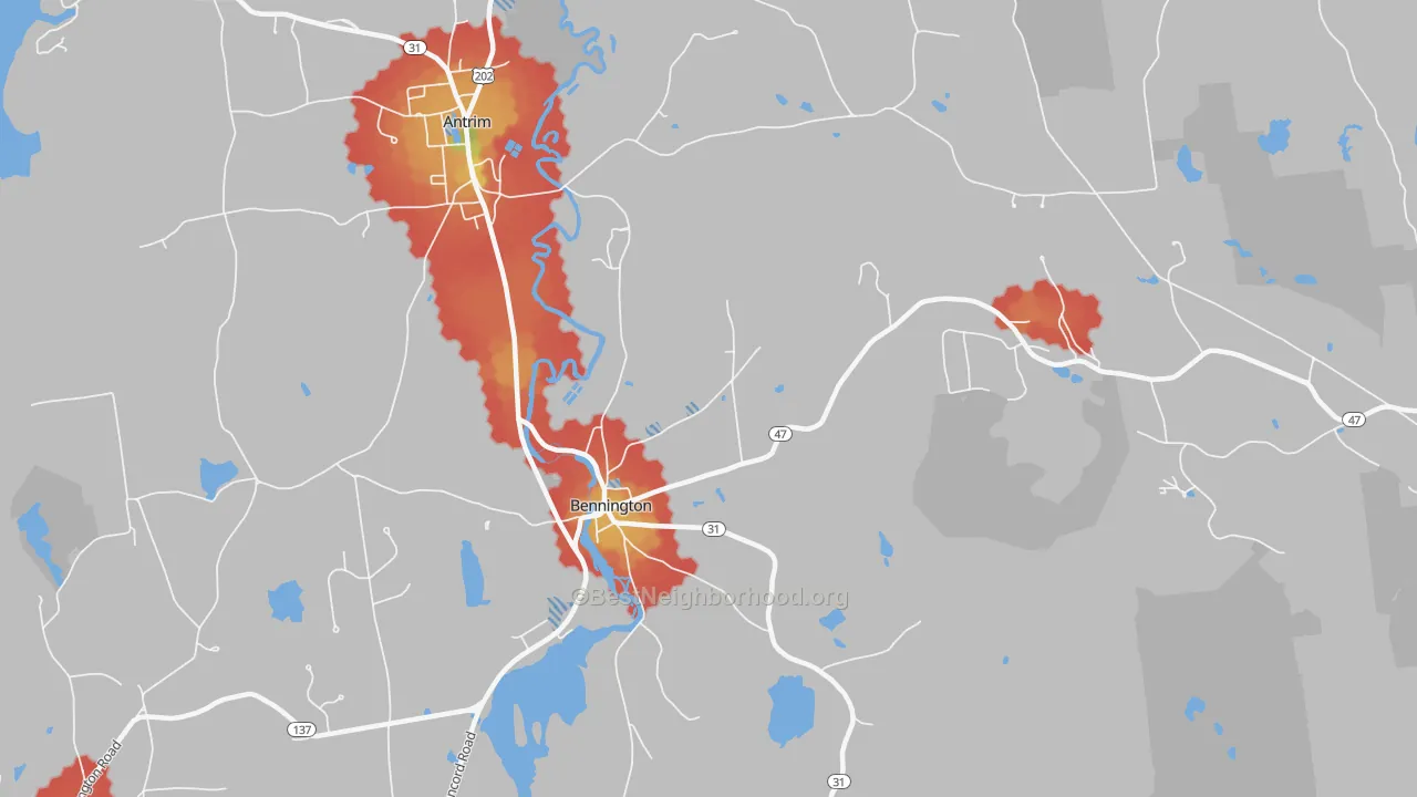 Walk Grade map of 03442, NH, walkable areas in green and car-dependent areas in red